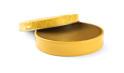 Can of wax polish isolated on white. Shoe care item