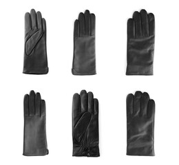 Set of leather gloves on white background, top view