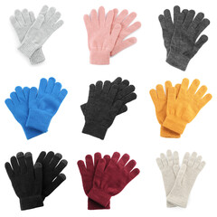 Set of woolen gloves on white background, top view