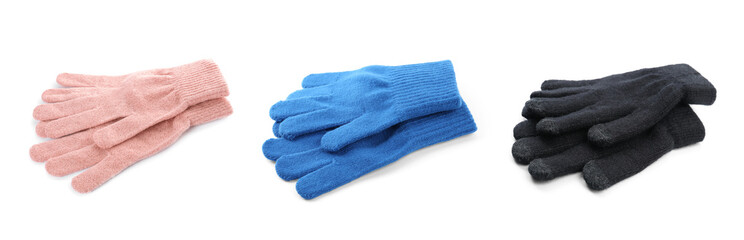 Set of woolen gloves on white background. Banner design