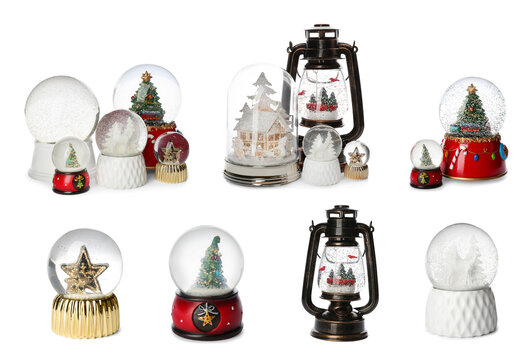 Set of different beautiful snow globes on isolated on white