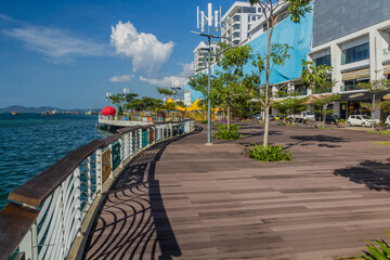 KOTA KINABALU, MALAYSIA - FEBRUARY 23, 2018: View of Waterfront Esplanade in Kota Kinabalu, Sabah, Malaysia