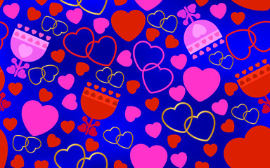 Seamless abstract pattern of red and pink hearts, pink, red, gold contours of hearts and minimalists flowers on a blue background.