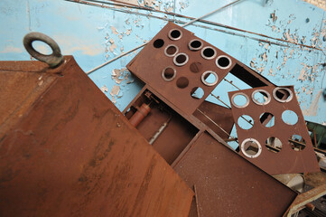 Old boxes in abandoned plant Jupiter in Chernobyl zone