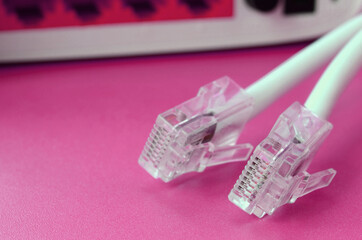 Internet router and Internet cable plugs lie on a bright pink background. Items required for...