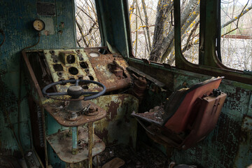 Cabin of old radioactive locomotion at abandoned station Yanov near ghost town Pripyat