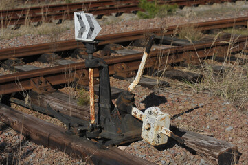 Old rusty railway at abandoned station Yanov near ghost town Pripyat
