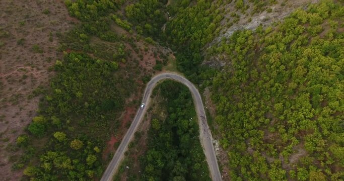 Aerial of car driving along the curvy, asphalt road with wider view of the fields filled with evergreen trees.
