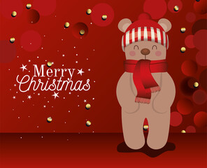 bear with a hat icon and merry christmas lettering on red background