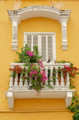 White window with yellow walls, doves and red flowers.