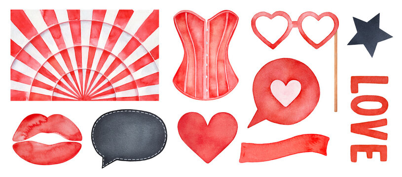 Hand painted watercolour illustration set of various bright elements and accessories of party celebration. Cut out clipart for creative design, banner, pattern, invitation template, girl stickers. - Powered by Adobe