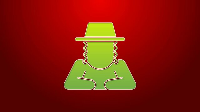 Green line Orthodox jewish hat with sidelocks icon isolated on red background. Jewish men in the traditional clothing. Judaism symbols. 4K Video motion graphic animation