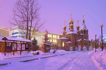 Winter in the city. Khabarovsk. Church of St. Innocent of Irkutsk in winter. Far East, Russia.
