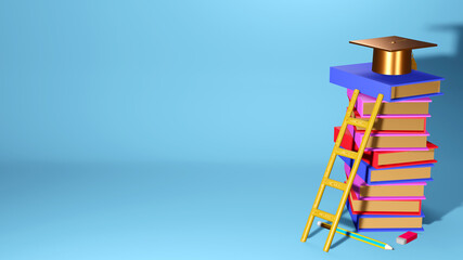 3D Rendering of gold Graduation Cap, Books and staircase on blue background. Realistic 3d shapes. Education concept. Efforts to complete the study.