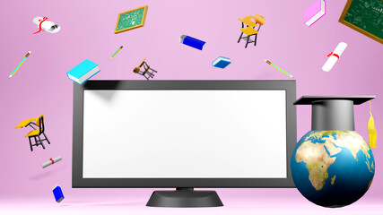 3D Rendering of Education mock up, blank white computer monitor, Graduation cap and world in education isolated pink background. Education concept.