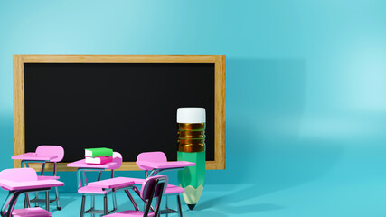 3D Rendering of pencil, blackboard and school desks on blue background. Realistic 3d shapes. Education concept. Come back to school.