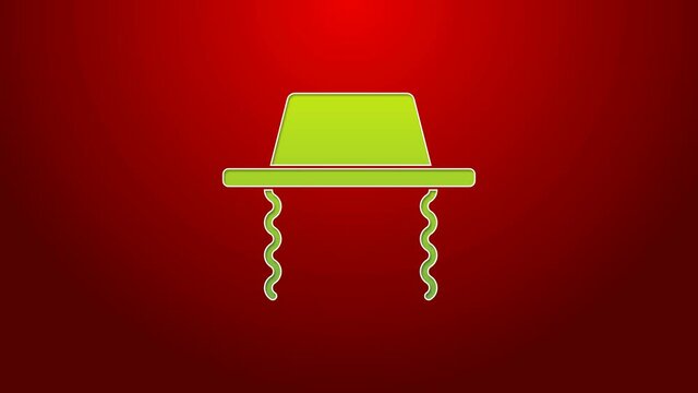 Green line Orthodox jewish hat with sidelocks icon isolated on red background. Jewish men in the traditional clothing. Judaism symbols. 4K Video motion graphic animation