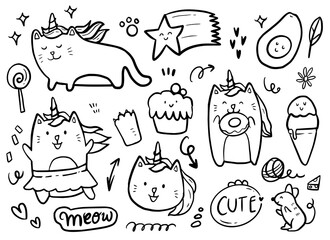 Unicorn cat playing with cake and donuts drawing doodle collection
