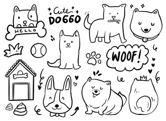 Set with cute dogs, bone and paw. child cartoon doodle drawing with dog poses illustration