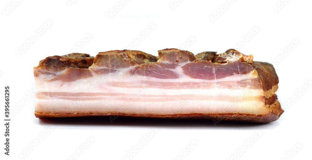 Wall mural Smoked bacon isolated on white background.