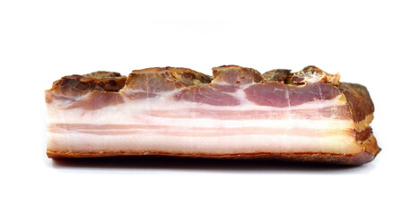 Smoked bacon isolated on white background.