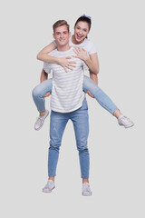 Girl Riding Man Back. Man Holding Girl. Couple Isolated. Girl on Man Back Sitting.