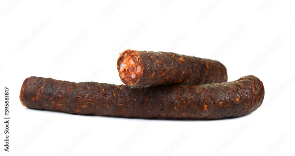 Wall mural Dried and smoked Sausages isolated on white background.