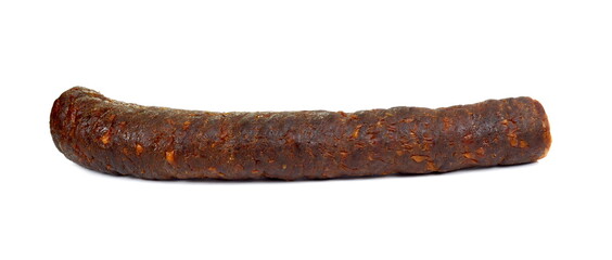 Dried and smoked Sausages isolated on white background.