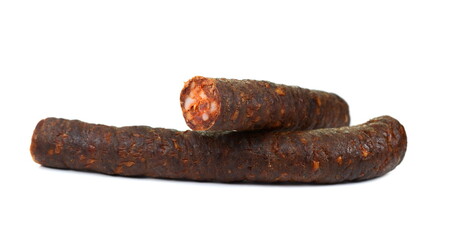 Dried and smoked Sausages isolated on white background.