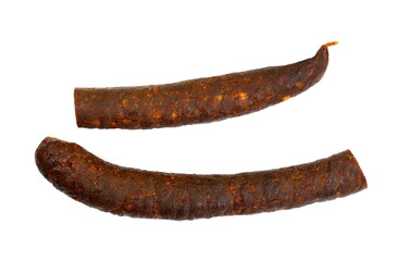 Dried and smoked Sausages isolated on white background.