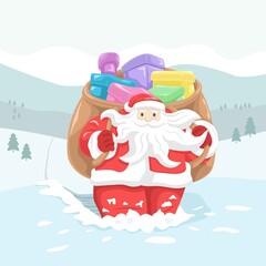 Winter mountain landscape scenery, walking Santa Claus with his bag full of presents in deep snow.