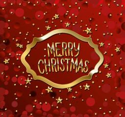 merry christmas in gold lettering with stars on red background