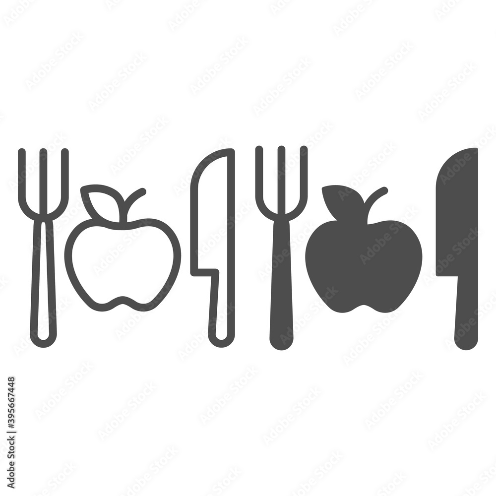 Aufkleber fork with knife and apple line and solid icon, makeup routine concept, healthy menu sign on white ba