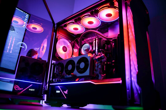 KL, MALAYSIA - August 28th, 2020 : A HTPC(Hackintosh PC) & Gaming PC rig with liquid cooling setup and full RGB light inside 
