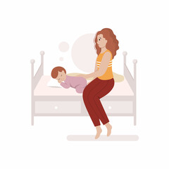 Mom puts a newborn baby to bed. Motherhood and child's sleep. A small child is sleeping on the bed.