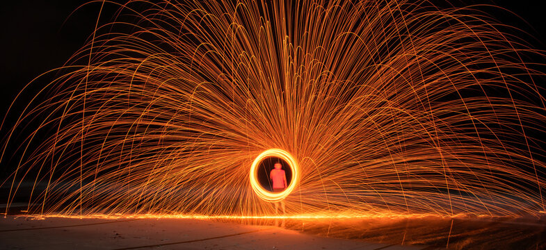 Closeup shot of a firestarter performing an amazing fire show with sparkles in the nighttime
