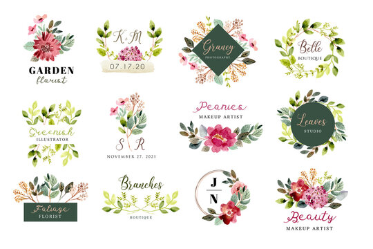 premade logo with beautiful floral and foliage watercolor collection