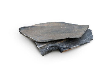 A piece of Slate metamorphic rock isolated on white background. Slate is formed when a sedimentary rock (shale, mudstone, or basalt) is compressed.