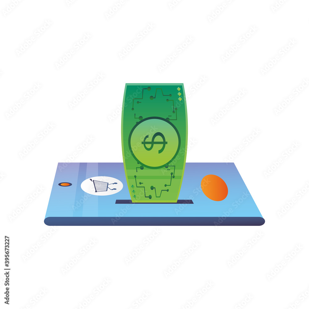 Poster online shopping, mobile money banknote digital icon isolated design