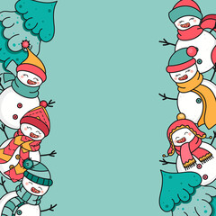 Christmas and New Year frame with cute hand drawn snowmen and trees. Funny vector border for text, web design, poster template, holiday flyer, greeting card, banner, invite, promotion,sale advertising