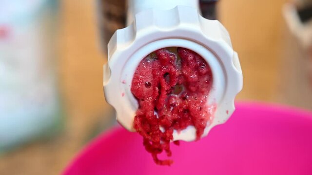 Focus on cranberry food processer with blurred background of young children helping to cook