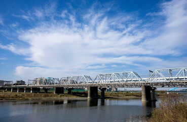 多摩川に架かる鉄橋の風景