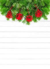Fototapeta na wymiar Christmas background red decoration white wood texture