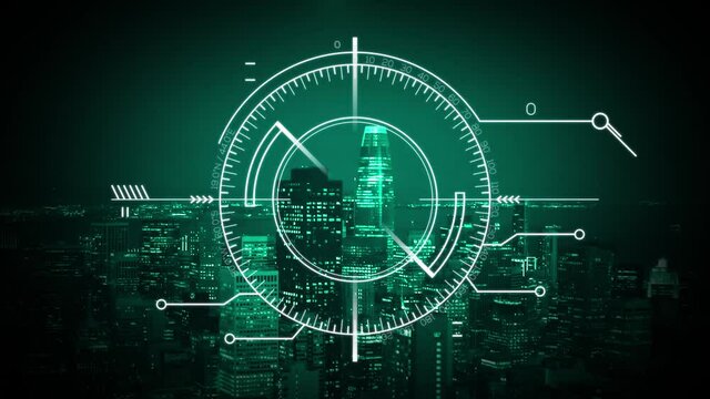 Night vision HUD tracker, drone patrolling a city - 3D motion graphic animation