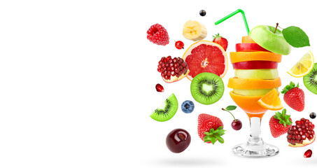 Mixed fruits on white background. Stack of fruits. Falling fruits. Fruit cocktail.