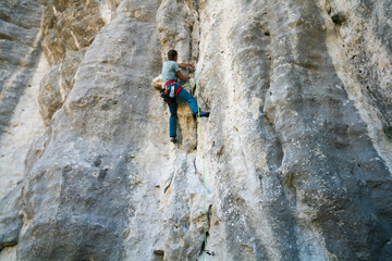 Fototapeta premium Rock climber on a rock in the Crimea.