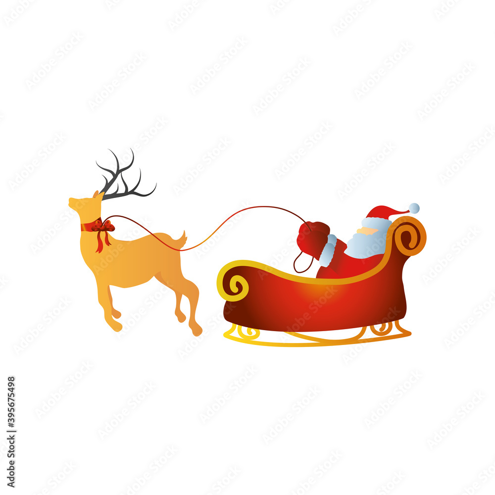 Sticker merry christmas, santa in the sled with reindeer on white background