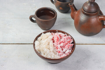 Cenil merah putih, Red and white Cenil, Indonesian traditional snack, made from strach of cassava....