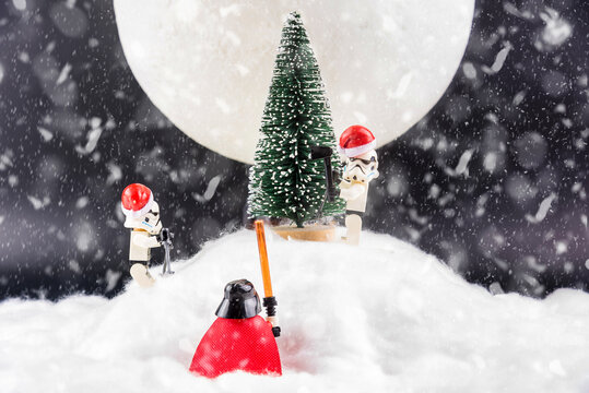 Bangkok, Thailand - November, 24, 2020 : Lego Star Wars skis to cut pine and use it for Christmas on a snowy background at Bangkok, Thailand.Christmas concept