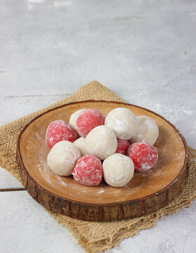 Moci merah putih. Red and White Mochi or moci cake. One of traditional snack from Indonesia. Made from glutinous rice flour with sugar and roasted peanut filling.